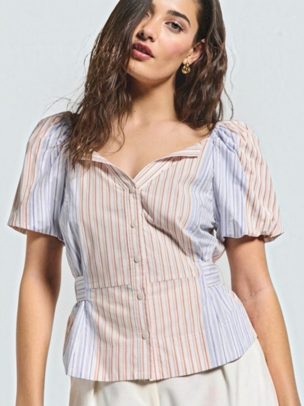 Derek Lam 10 Crosby Davina Women's Short Puff Sleeve Cotton Stripe Belted Blouse